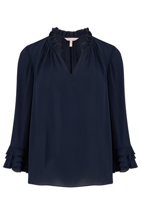 long sleeve georgette ruffle top in navy