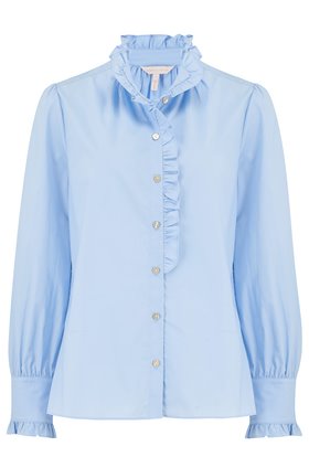 long sleeve poplin ruffle top in oxford blue