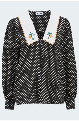 lila embroidered blouse in black polka