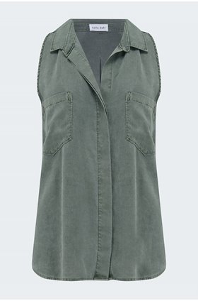 sleeveless button down shirt in soft army