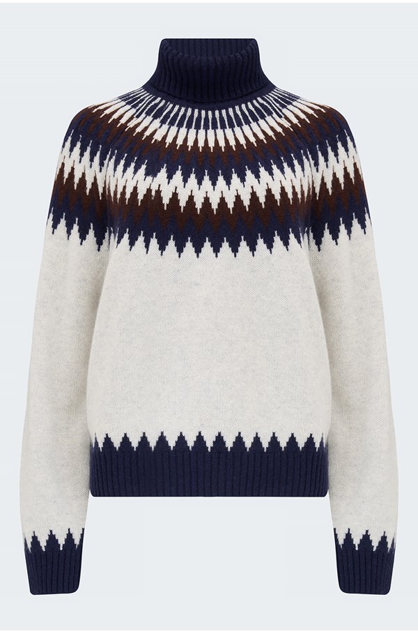 JUMPER NORDIC YOKE ROLL COLLAR IN DEEP SEA, CRYSTAL AND HICKORY