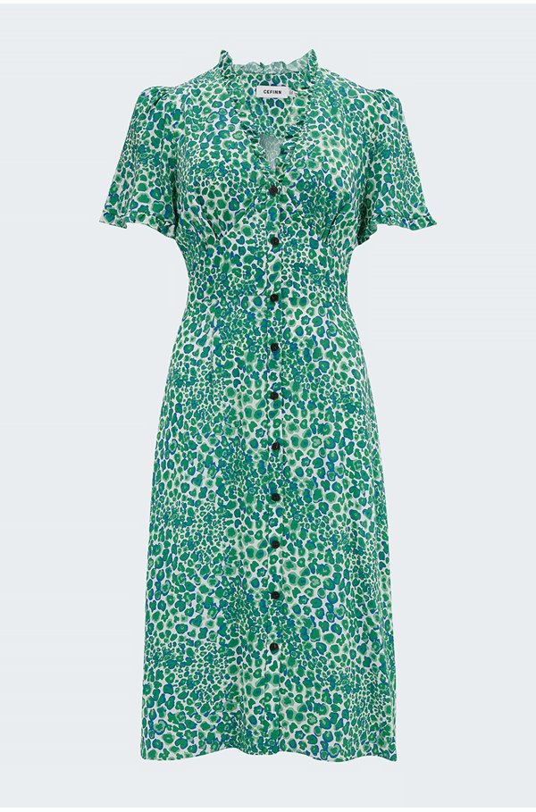Tabby Dress In Green Leopard Pansy Print