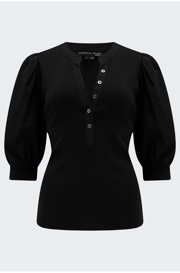 Veronica Beard Women Black Coralee Puff Sleeve Stretch Cotton Top Blouse In Black