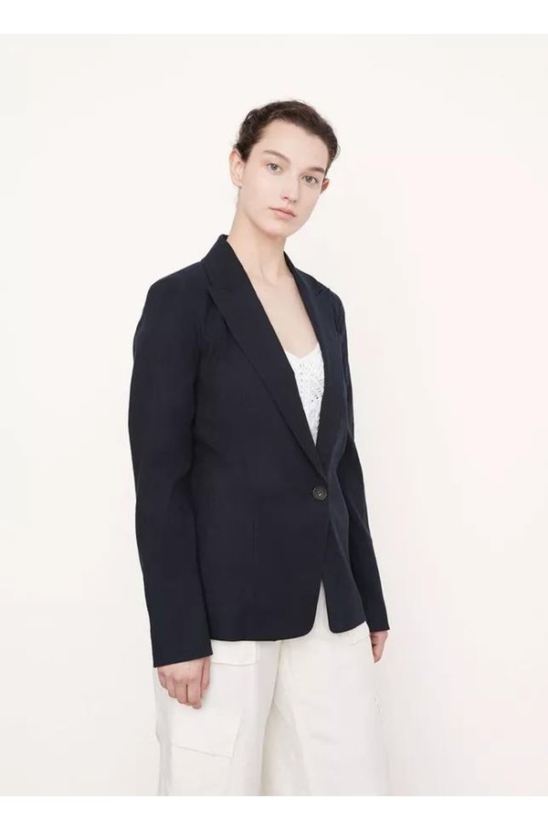 Vince Linen Blend Single Breasted Blazer In Marina In Navy
