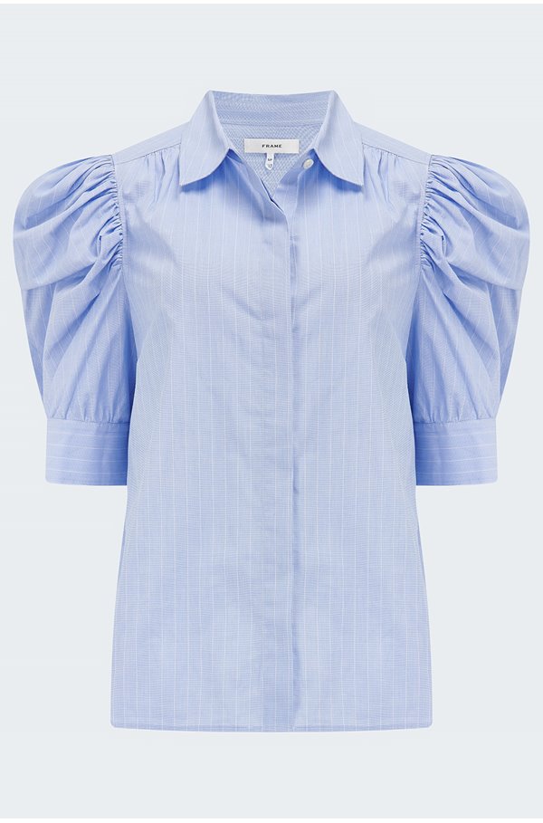Frame Ruched Puff Sleeve Shirt In Chambray Blue