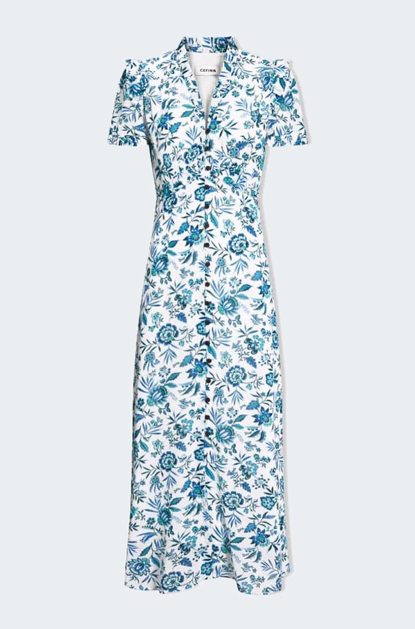 Cefinn Liliana Cotton Blend Dress In White Blue Palm Floral