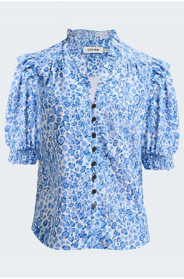 Shop Cefinn Stella Silk Blouse In Blue Leopard Pansy Print In Blue&#47;animal&#47;prints