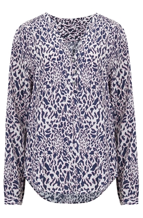 Trilogy Penelope Blouse in Navy and Pink Animal Print