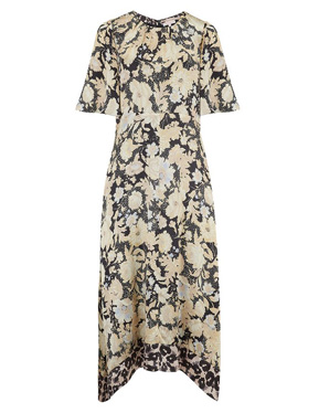 REBECCA TAYLOR - Short Sleeve Gold Leaf Dress in Black Combo